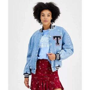 Tommy Jeans Women's Denim Snap-Front Cotton Letterman Jacket Blue Jean L